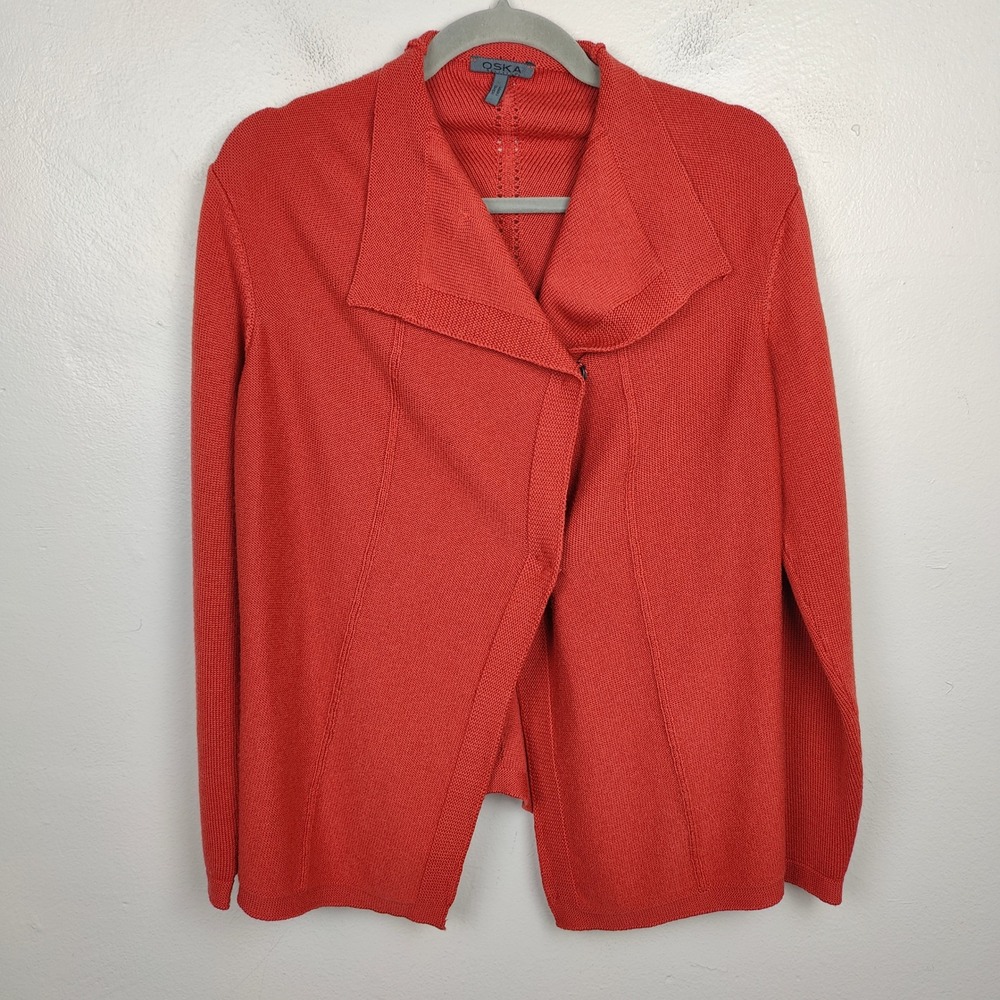 Oska Cardigan‎ Sweater Womens 1 US 6/8 Orange Red Asymmetrical 100% Virgin Wool - Picture 3 of 11